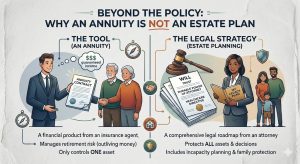 A comparative infographic split down the middle. On the left side, titled "THE TOOL (AN ANNUITY)," an insurance agent sells a man an annuity contract, shown alongside text that reads, "A financial product from an insurance agent, Manages retirement risk (outliving money), Only controls ONE asset," and an icon of guaranteed income. On the right side, titled "THE LEGAL STRATEGY (ESTATE PLANNING)," an attorney holds a family's legacy plan, accompanied by legal documents (will, trust, durable power of attorney, healthcare directive), a gavel, and a shield icon. Text on this side states, "A comprehensive legal roadmap from an attorney, Protects ALL assets & decisions, Includes incapacity planning & family protection." The overall title across the top reads: "BEYOND THE POLICY: WHY AN ANNUITY IS NOT AN ESTATE PLAN." Icons for a compass, a handshake, a house, and a shield connect the two concepts.