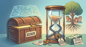 A conceptual illustration of estate planning risks showing a chained hourglass with a padlock labeled "Annuity Withdrawal Restriction" next to a wooden chest labeled "Estate," symbolizing locked funds and limited heir access.