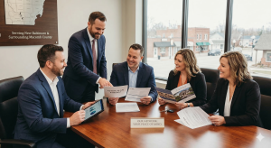 A diverse group of professionals—including an estate planning attorney, financial advisor, and realtor—collaborating around a conference table in a New Baltimore office.