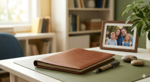 A leather estate planning portfolio and fountain pen on a desk next to a framed family photo, illustrating the importance of a will and trust.