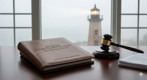 Michigan estate planning guide folder and a wooden gavel on a desk with a lighthouse visible through the window. How to avoid probate in Michigan.