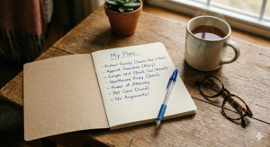 A handwritten estate planning checklist in a notebook titled "My Plan" on a wooden table next to a cup of tea and glasses.