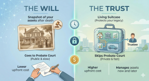 Infographic comparing a Will vs. a Living Trust. The Will side shows a snapshot of assets going through probate court. The Trust side shows a living suitcase protecting assets and skipping probate for a private, fast inheritance process.